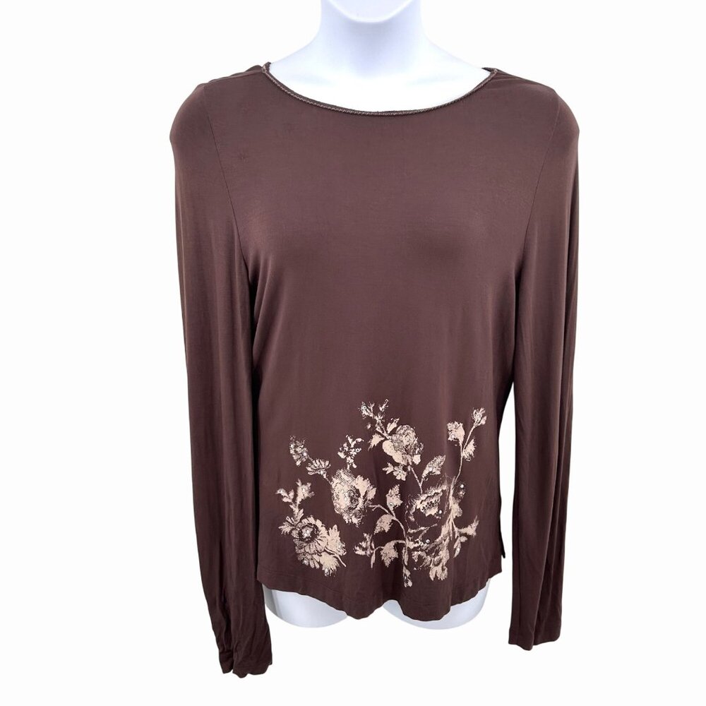 BROWN 4U SPIEGEL LONG SLEEVE FLORAL AB RHINESTONE EMBELLISHED TOP - L